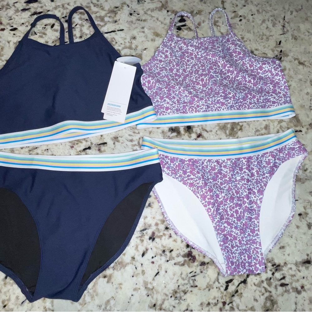 TWO Zella Two-Piece Swim Set with Striped Accents/ Floral